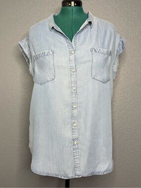 JACHS Girlfriend Tencel Lyocell Denim Shirt Sleeveless Light Wash Button Down XL